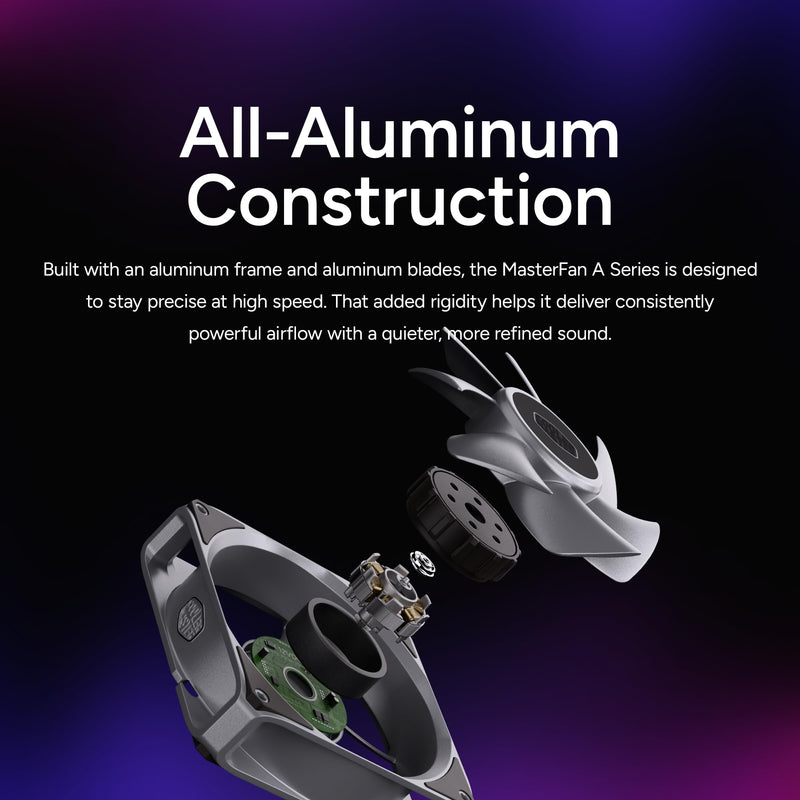 Cooler Master MasterFan A120 Case Fan, High Air Pressure, Aluminum Blades | 120mm Fan Size, High Air Pressure, Aluminum Blades, PWM Quiet Cooling, Three-Phase Motor, 0.6mm Tip Clearance, Aluminum Frame