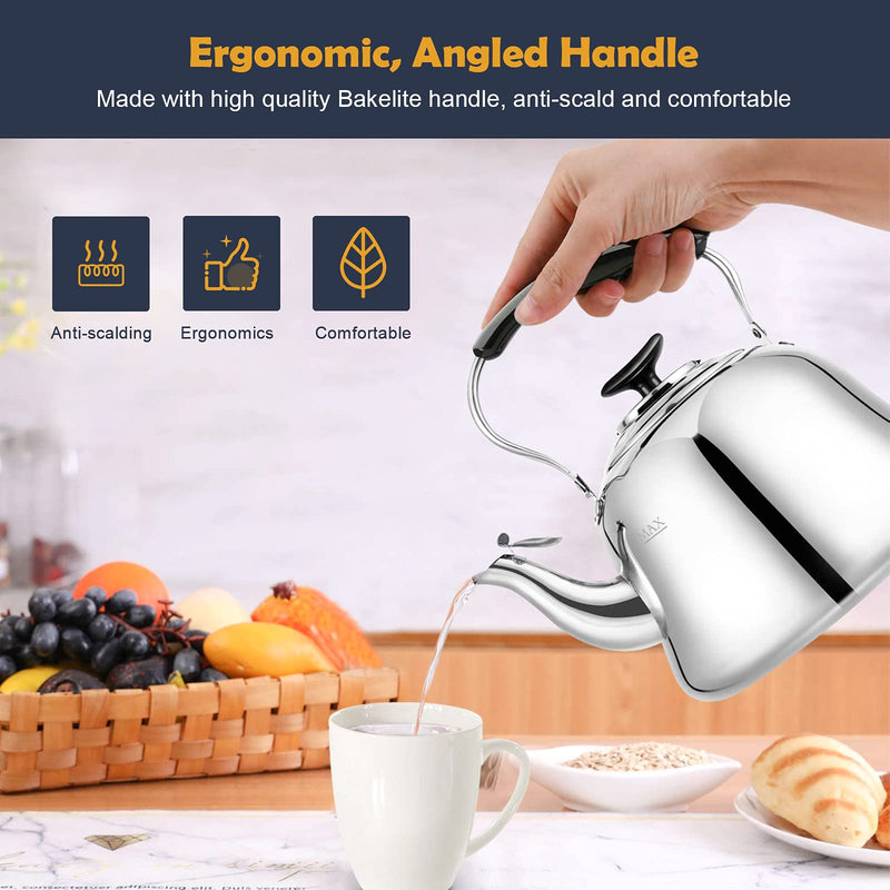 Tea Kettle Stovetop Whistling Teakettle ClassicTeapot Stainless Steel Tea Pots for Stove Top with Heat-resistant Folding Handle Mirror Finish, 2 liters