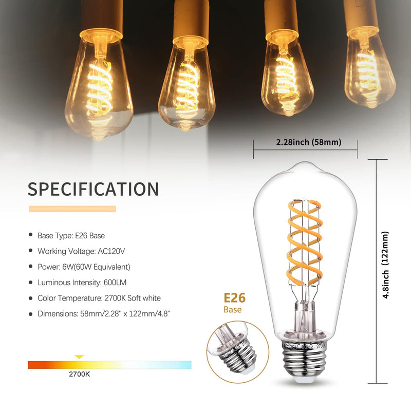 12 PCS Dimmable Vintage LED Edison Bulbs, 6W Equivalent 60 Watt, Warm White 2700K, Antique Flexible Spiral LED Filament Light Bulb, ST58 (ST19), 600 Lumens, E26 Base, Clear Plastic 2700k 12pack