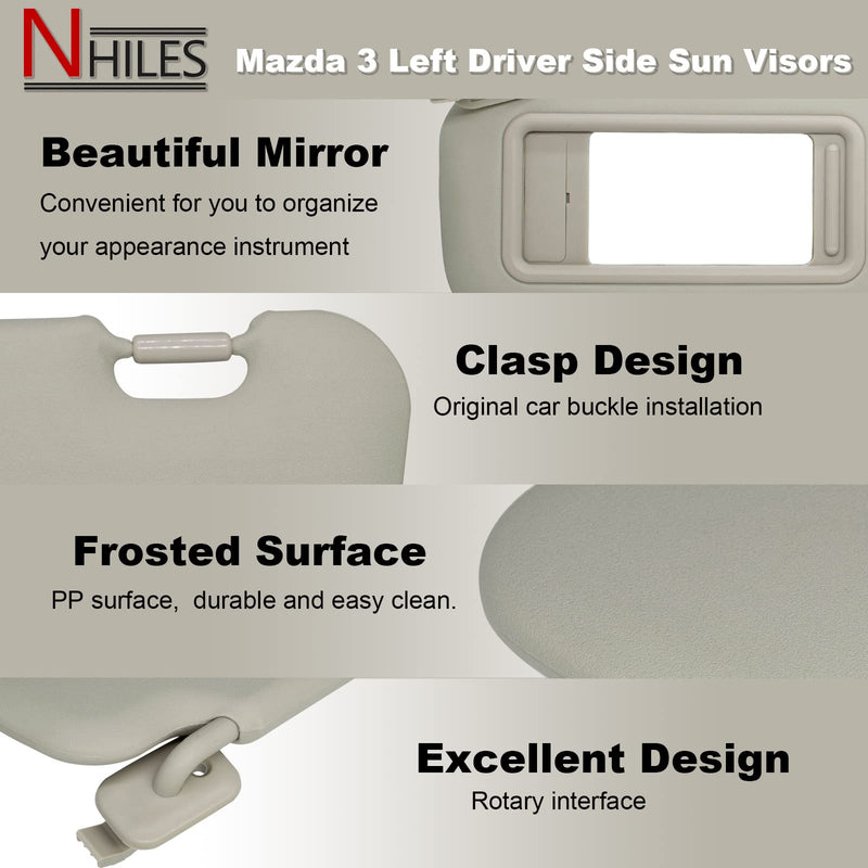 NHILES Left Driver Side Sun Visor Compatible with Mazda 3 2010 2011 2012 2013 BBM2-69-320C-75 BBM3-69-320C-75 Beige left driver without lights