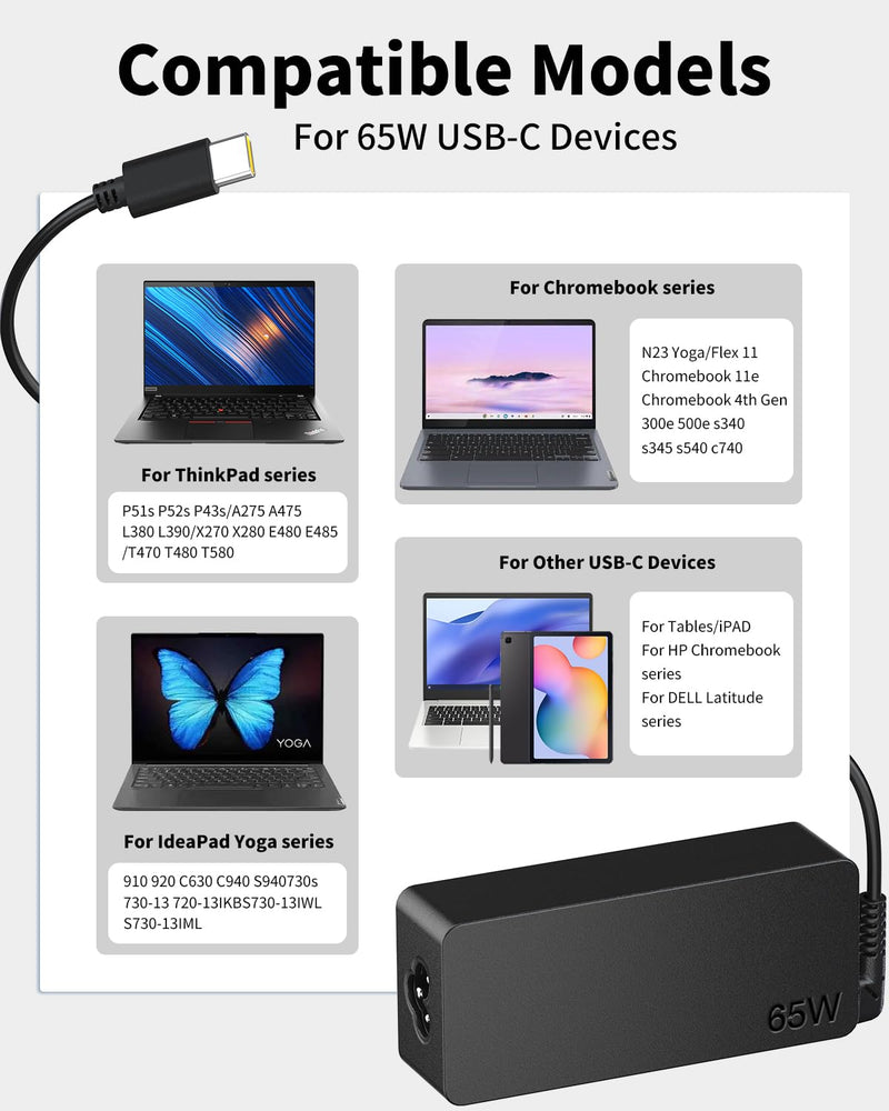 60W USB C Laptop Charger for Lenovo ThinkPad X1 Carbon Chromebook | 65W Fast Charging Compatible with Lenovo Thinkpad/Yoga/Chromebook,Safe Overheat Protection Type C Laptop Power Adapter black1