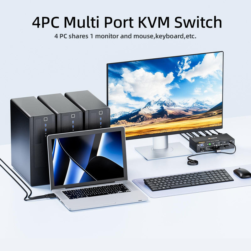 4 Ports Hybrid KVM Switch(USBC+DP+2HDMI Input),USB C HDMI DP 4 Computer 1 Monitors KVM Switch Allow 4 PC Share 1 Monitors and 4 USB Devices Such as Keyboard Mouse Printer 4K 4 PC 1 monitor USBC+HDMI+DP