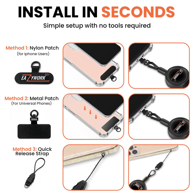 Retractable Phone Tether with Locking Carabiner & metal 360° Anti-Theft Phone Lanyard, 27.5" Steel Cable Phone Leash Black