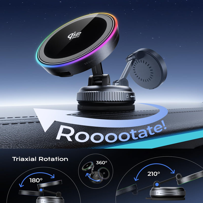 Qi2.2 Magnetic Car Mount Charger,25W Fast Wireless Charging Stand with RGB Light,360° Rotating Suction Phone Holder for Your Car,Compatible with iPhone 12-17,S26/S25