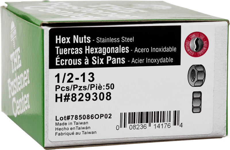 The Hillman Group 829308 1/2 by 13-Inch Stainless Steel Finish Hex Nut, 50-Pack