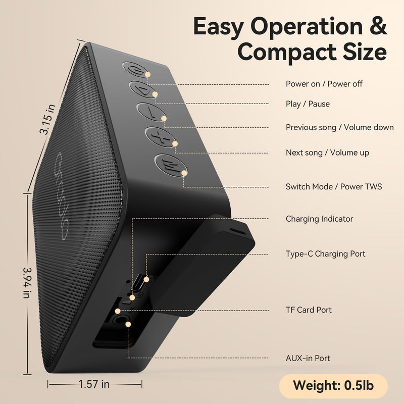 Oraolo Bluetooth Speaker, IPX7 Waterproof Portable with Stereo Sound, Bluetooth 5.4, TWS Pairing, Support AUX/TF Card, Small Wireless Speaker for Home, Shower, Outdoors, Travel, Black