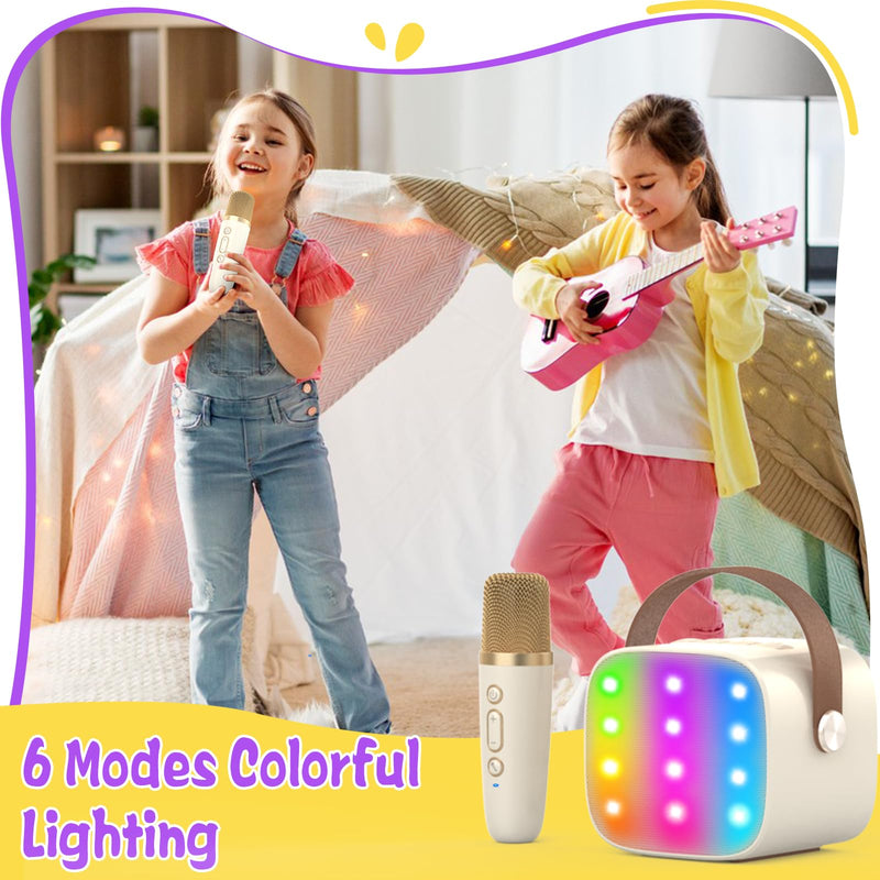 Mini Karaoke Machine,Funny Toys Christmas Birthday Gifts for Kids Age 4-12 Girls,Boys,Adults,MEGUO Karaoke Microphone Toys for 4,5,6,7,8,9,10,11,12+ Year Old Girls Boys (Beige2-LED) Beige2-LED