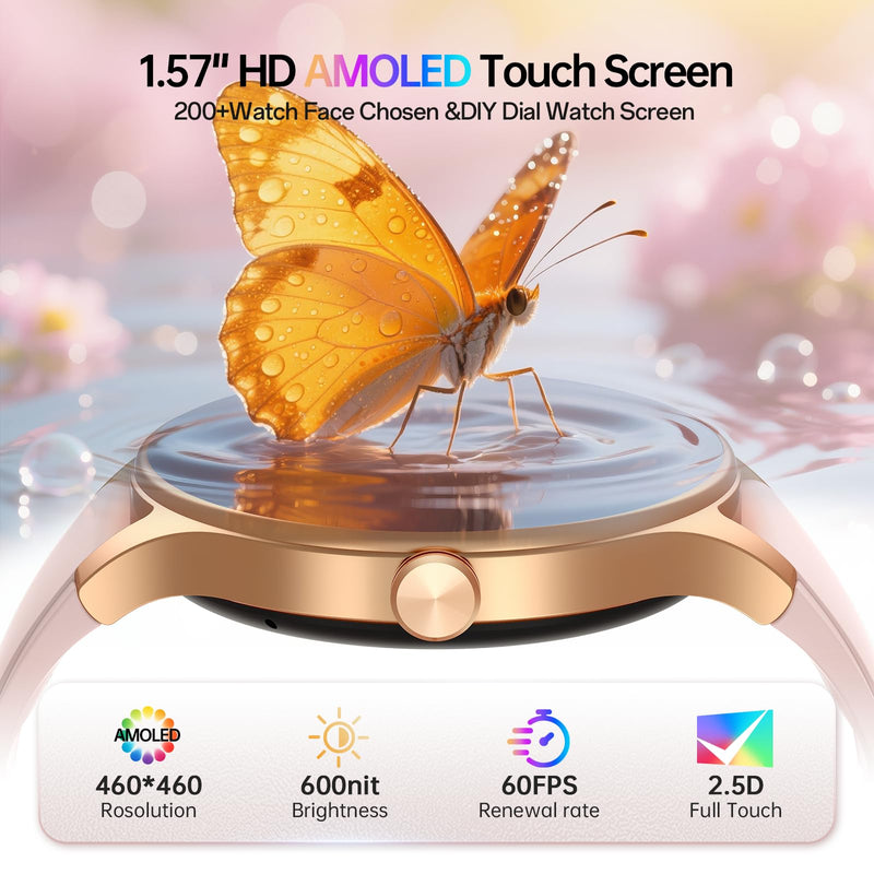 Smart Watch for Women,1.57'' AMOLED Touchscreen Compatible with Android&iOS | Fitness Watch with Heart Rate/Sleep/SpO2 Monitor 110+ Sport Modes,Smartwatch with Answer/Make Call,3ATM Waterproof 2 Bands Pink 1.57