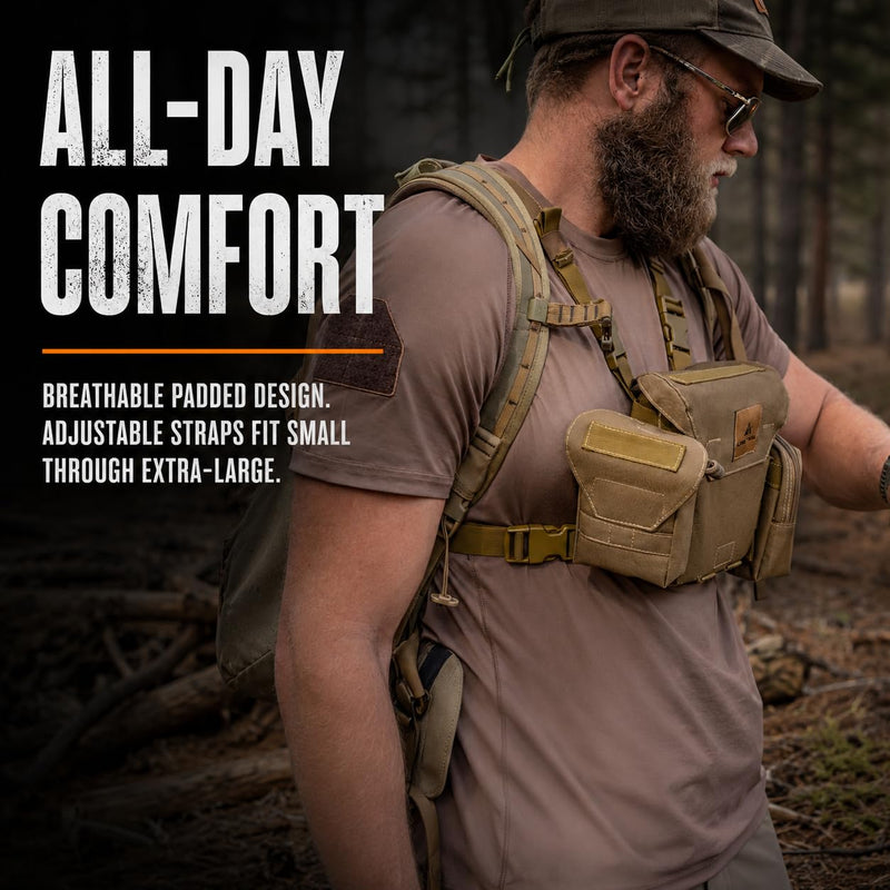 Binocular Harness Chest Pack - Bino Harness Hunting Chest Rig | Waterproof 500D Cordura case, silent magnetic closure, MOLLE rangefinder pouch, elk deer glassing Lt1 - Standard