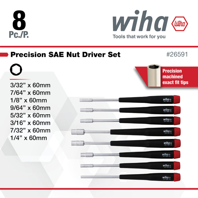 Wiha 26591 Precision Nut Driver Set, 8 Piece, Inch, Tapered Handle, Chrome-Plated Satin Finish Inch Set