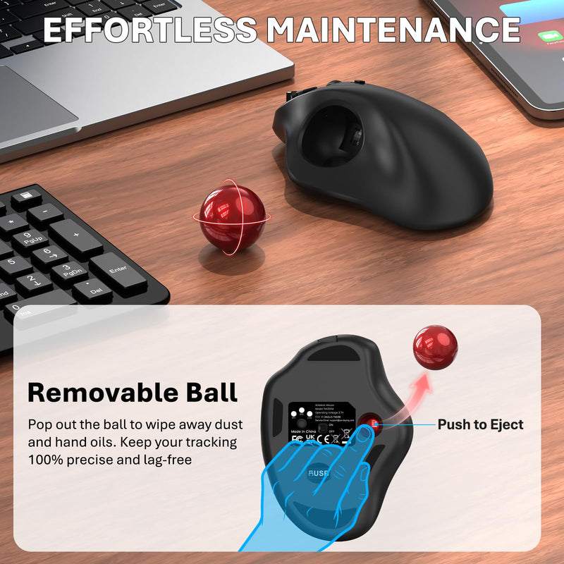 EDJO Wireless Trackball Mouse, Ergonomic Mouse with 30° Tilt, 5 DPI, Red | Thumb control, 3-device Bluetooth/2.4G, up to 160h battery, Type-C rechargeable, stays in place, removable ball, easy cleanup