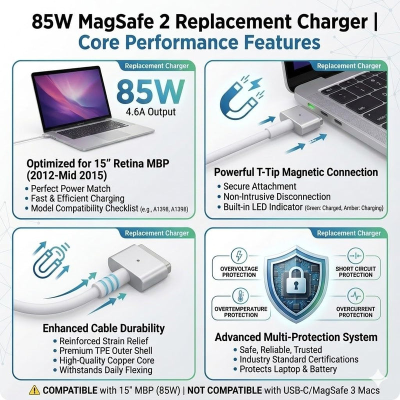 UL Certified 85W MacBook Pro Charger Replacement, MagSafe 2 T-Tip Power Adapter Compatible with MacBook Pro 15 Inch Retina Display (Late 2012, 2013, 2014, Mid 2015), Fit for A1398, A1424