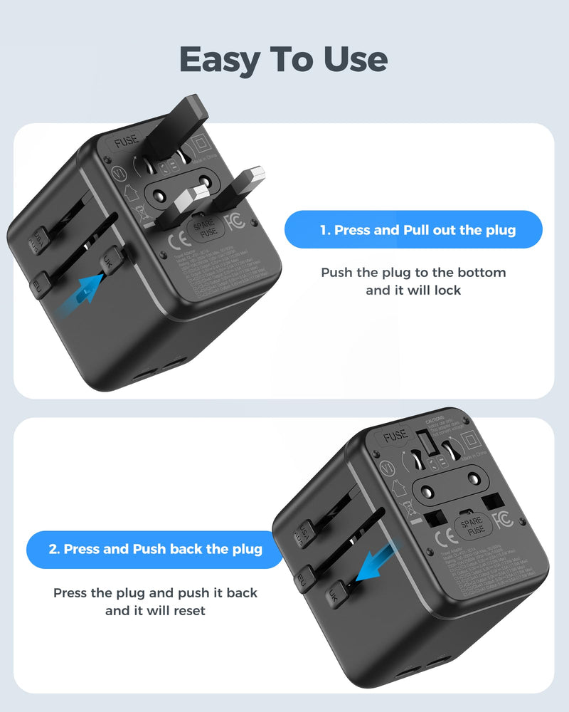 Universal Travel Adapter with Dual AC Outlets, 4 USB Ports, 2500W | 3 USB-C & 1 USB-A Ports, Charge 6 Devices, Compact Design, EU/US/UK/AU Plug Adapter for 200+ Countries