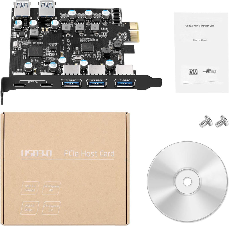 7-Port PCI-E to Type C (2), Type A (5) USB 3.0 Expansion Card with 2 Rear USB 3.0 Ports PCI Express Card Desktop for Windows Mac Pro