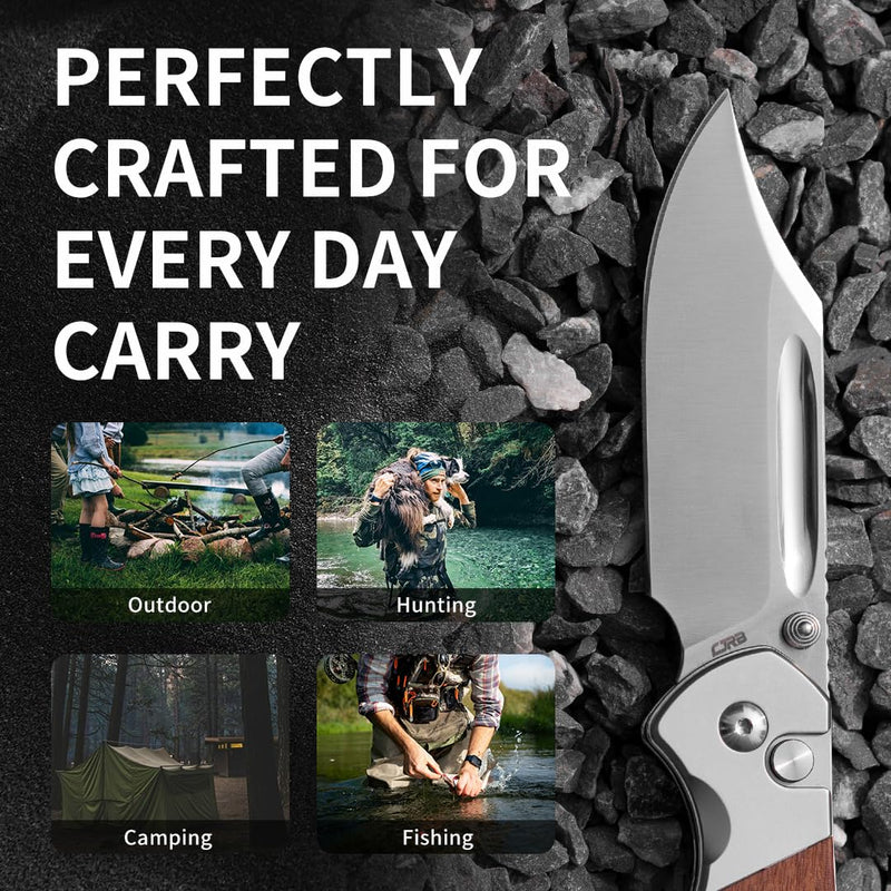 CJRB Bowie Pyrite Pocket Knife EDC Folding Knife with 3.15'' AR-RPM9 Steel Blade, Hunting Knife with Wood Handle for Camping, Survival - Suitable for Men & Women - J1942 Rosewood