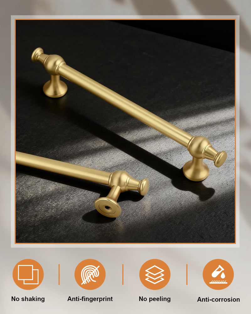 Probrico Brushed Gold Cabinet Pulls 5 Pack 5 Inch (128mm) Hole Center, Kitchen Cabinet Hardware Dresser Drawer Pulls, Gold Handles for Cabinets Bathroom Drawers Cupboard Solid