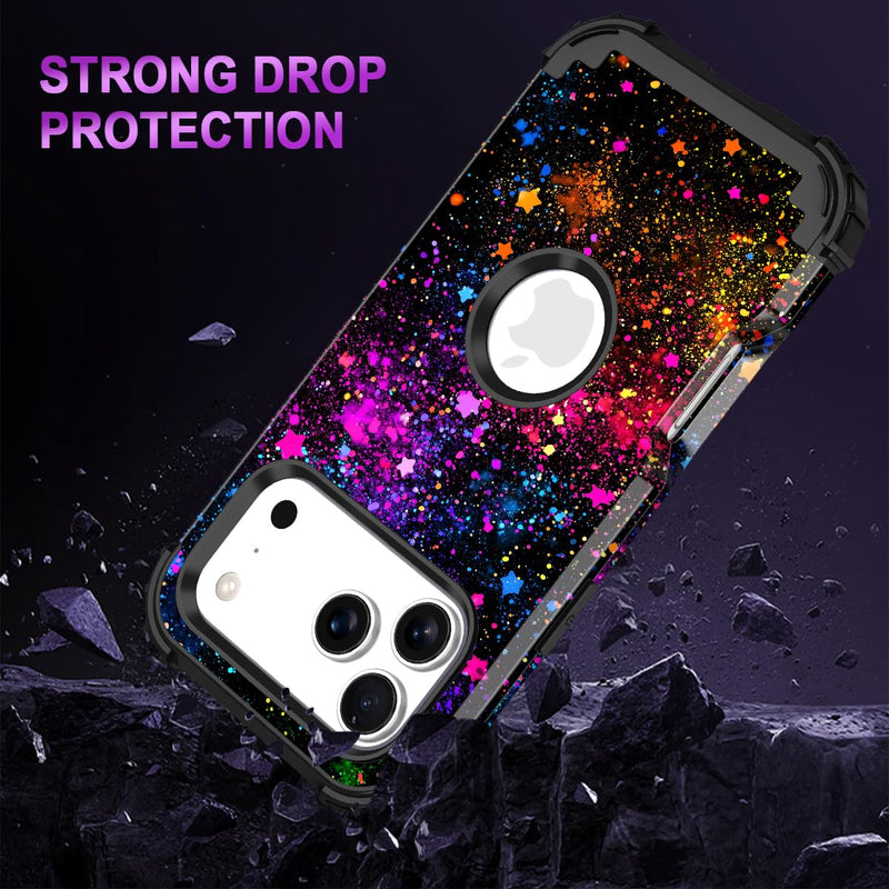 Casetego for iPhone 17 Pro Max Case,Glow in The Dark Three Layer Heavy Duty Sturdy Shockproof Full Protection Rugged Hard PC+Soft TPU Bumper Case for iPhone 17 Pro Max 6.9 inch,All Colorful Sky All Black Colorful Sky