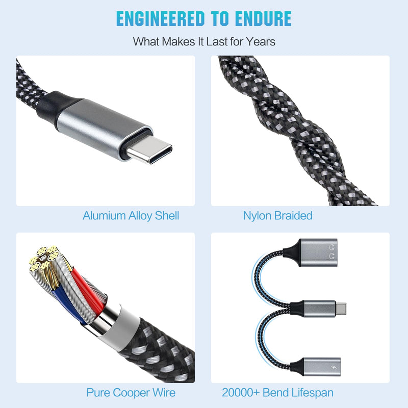 USB-C to 3.5mm Headphone Adapter, Supports 60W PD Fast Charging, 3-in-1 Type-C to AUX, Type-C Audio Interface and USB-C Charging, Hi-Fi DAC Sound Quality, Compatible with iPhone 15 and Samsung S24.