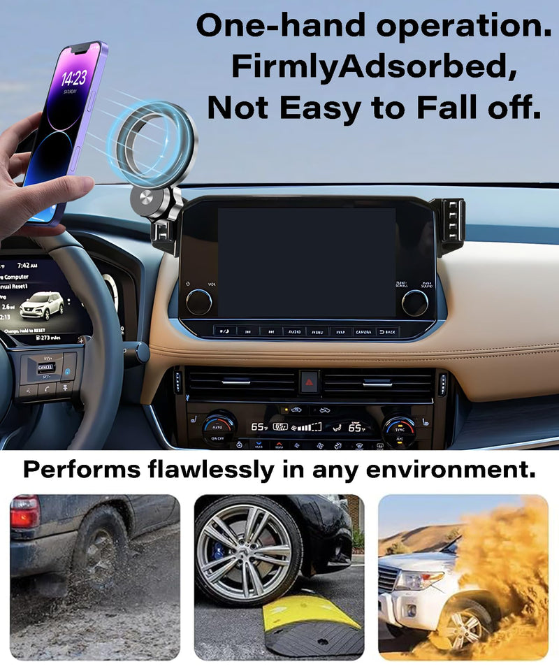 Car Phone Holder for Nissan Pathfinder 2022-2025 8"/9" Screen Accessories | MagSafe Strong Magnetic Clip-On Cell Phone Mount, Dual Slots Holders for Driver & Passenger, 360° Rotatable Hands-Free Holder for 2022-2025 Nissan Pathfinder(8/9 Inch Screen)