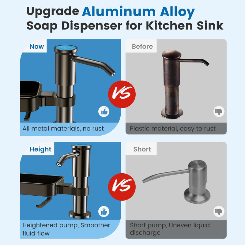 Soap Dispenser for Kitchen Sink, Built in Sink Soap Dispenser with Sponge Rack, Countertop Soap Dispenser Pump with Extension Tube kit, No More Refills,All Metal NO ABS (Grey) Gray