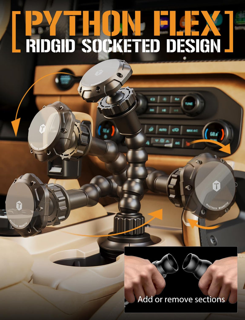 MagTough Python Cup Holder Phone Mount for Car, MagSafe, 360° | Magnetic car phone holder with a flexible arm and expandable base for iPhone and magnetic cases