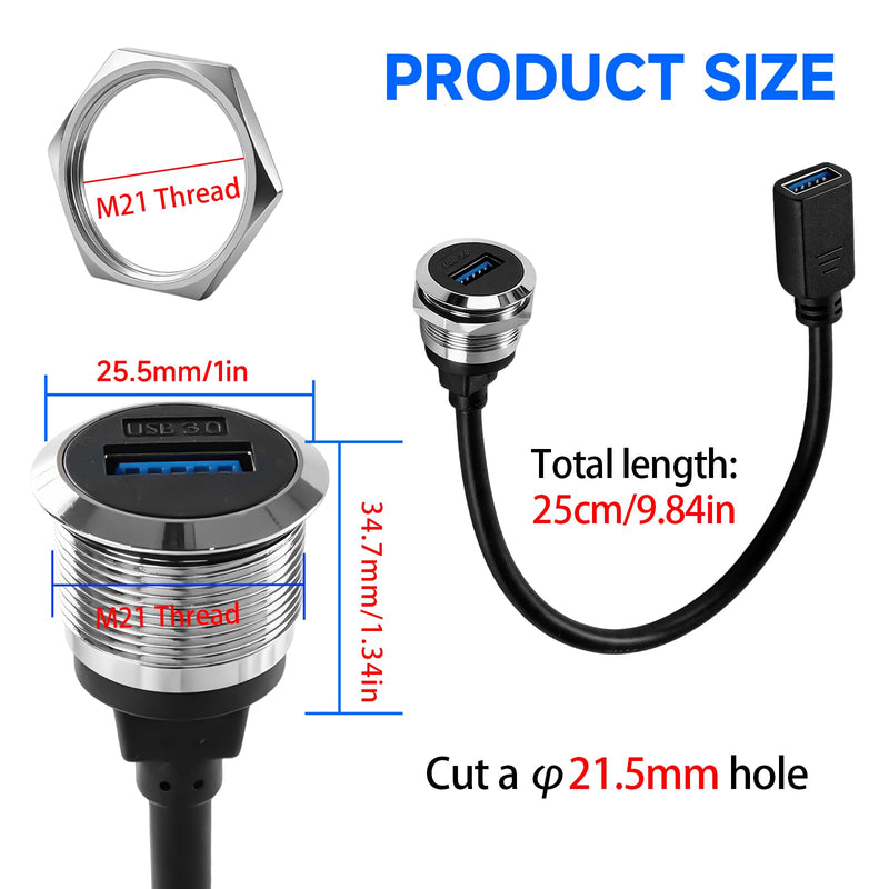 USB 3.0 Female to Female Panel Mount Cable, 5Gbps 3A Charging Bulkhead Connector, 25cm/9.84in Threaded M21 Adapter for Car Desk RV Boat(F-F)