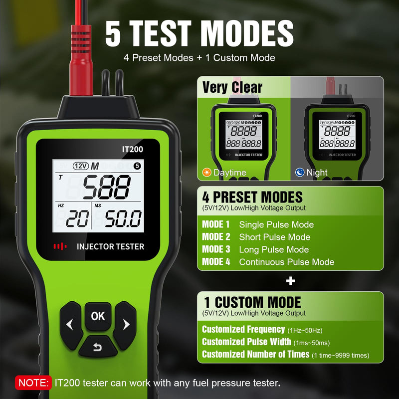 JDIAG Universal Fuel Injector Tester Cleaner Kit - 4 Preset & 1 Custom Mode, Test 2 Injectors Simultaneously, DIY Cleaning Tools with Dedicated Fuel Injector Connectors, 12V/5V Output Power
