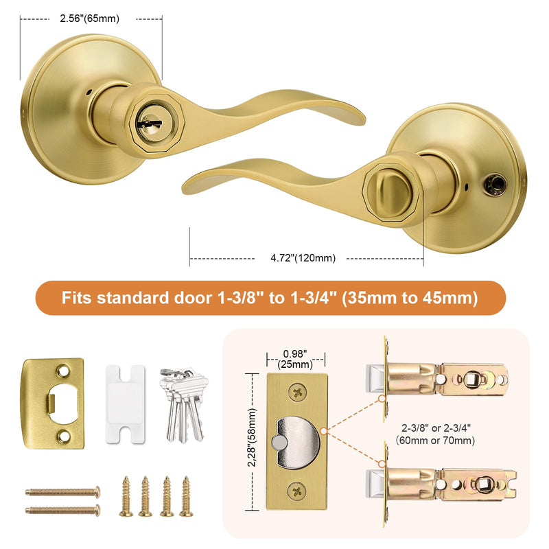 Probrico Brushed Gold Door Handles Front Exterior Door Handles with Lock and Keys, Gold Entry Door Lever Wave Style Reversible, 1 Pack