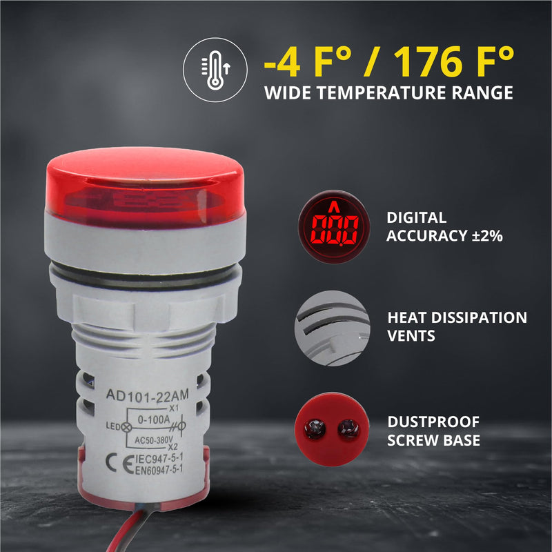 Digital Led Display Indicator Ammeter, 0-100A Max AC380 Current Meter and 220V - Gauge Meter, Tester Amp Monitor - AD101-22AM Model, Circle Panel, Red (3 Pack)
