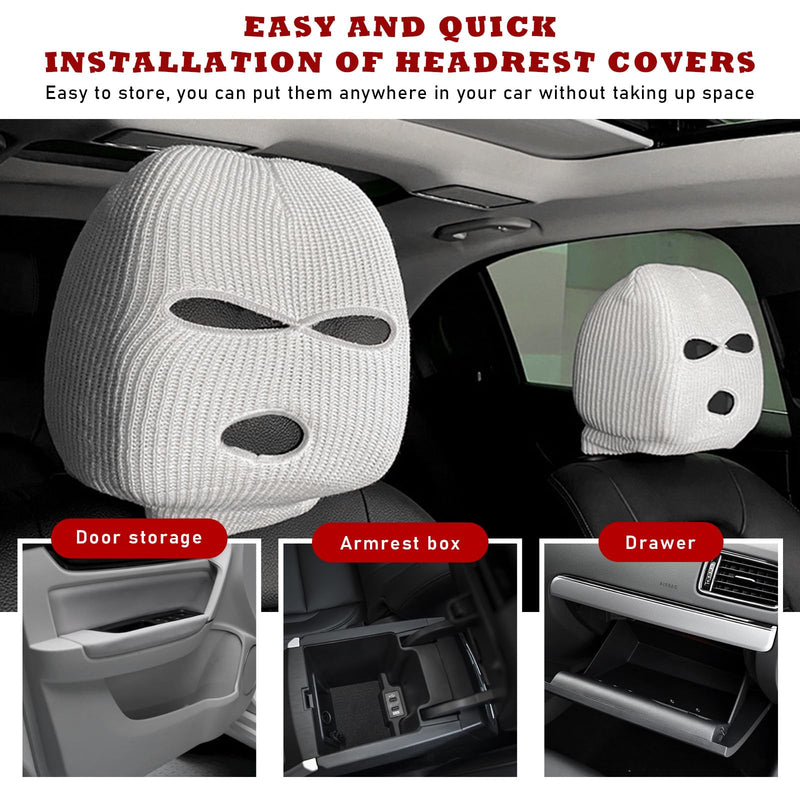 2 PCS Car Headrest Cover, Personalized Funny Car Seat Full Face Mask, Ski Mask Wrap Protection for Auto Front Seat Rest Decoration, Universal Interior Car Accessories (White) White