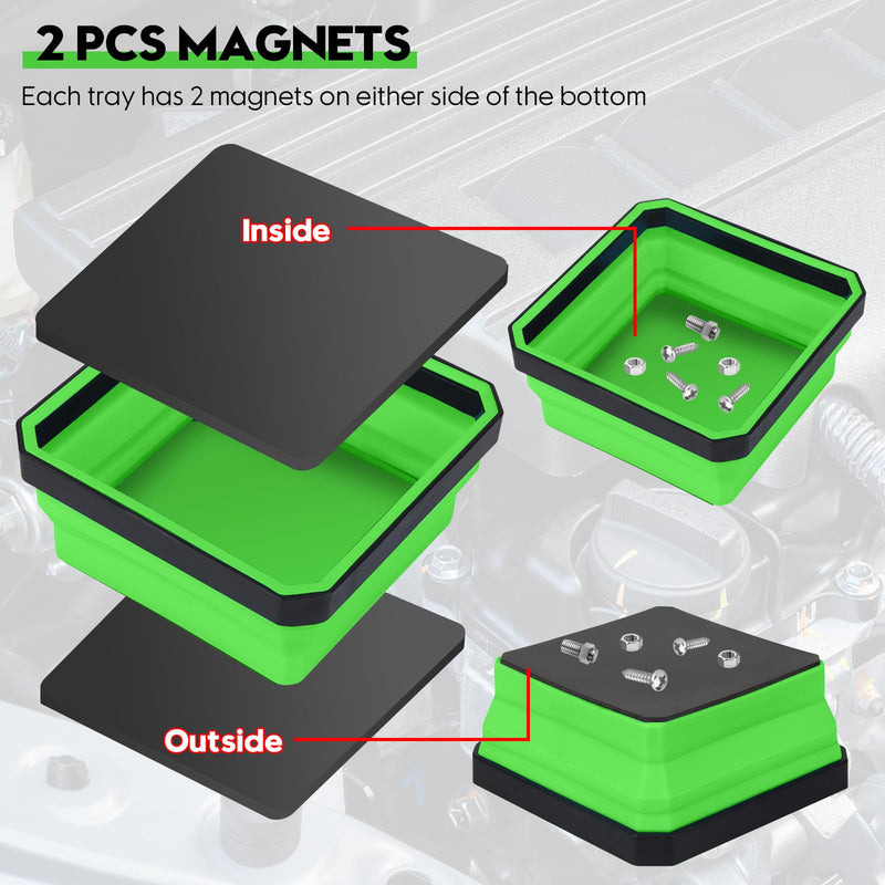Magnetic Parts Tray 4-Pack – Collapsible Tool Holder for Screws & Bolts | Double-Sided Magnets, 4.5" Bowls, Collapsible, Scratch-Proof, Heat-Resistant, Green, for Workshop, Auto & Home