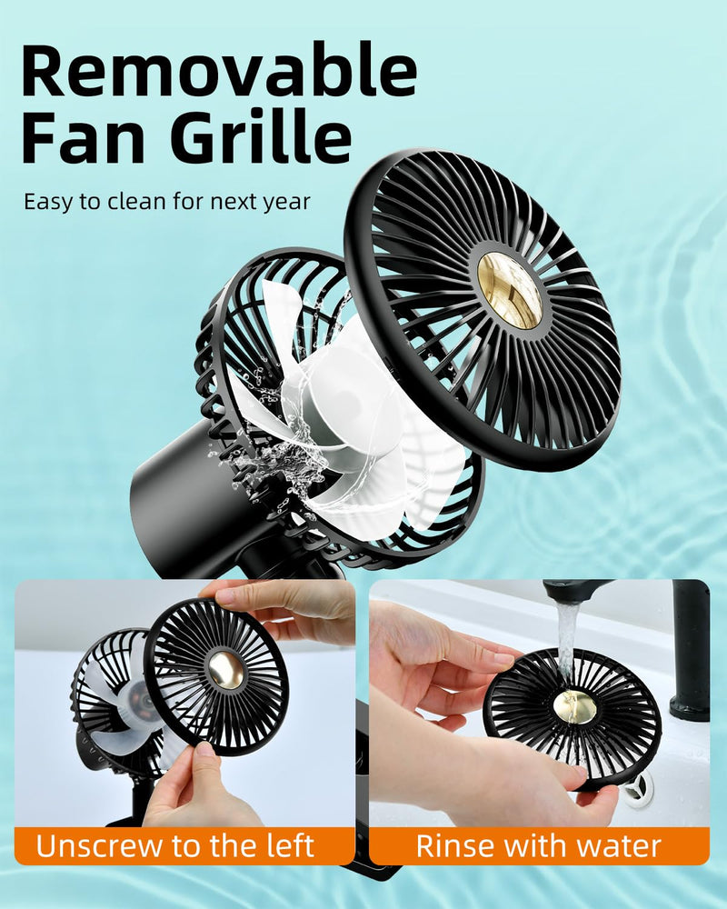 Usb Car Fan Oscillating Rechargeable Fan with Colorful Light Battery Powered, 360° Rotatable Portable Clip Fans That Blow Cold Air, Small Cooler Mini Fan Silent, for Vehicle Van Truck Suv Rv Black