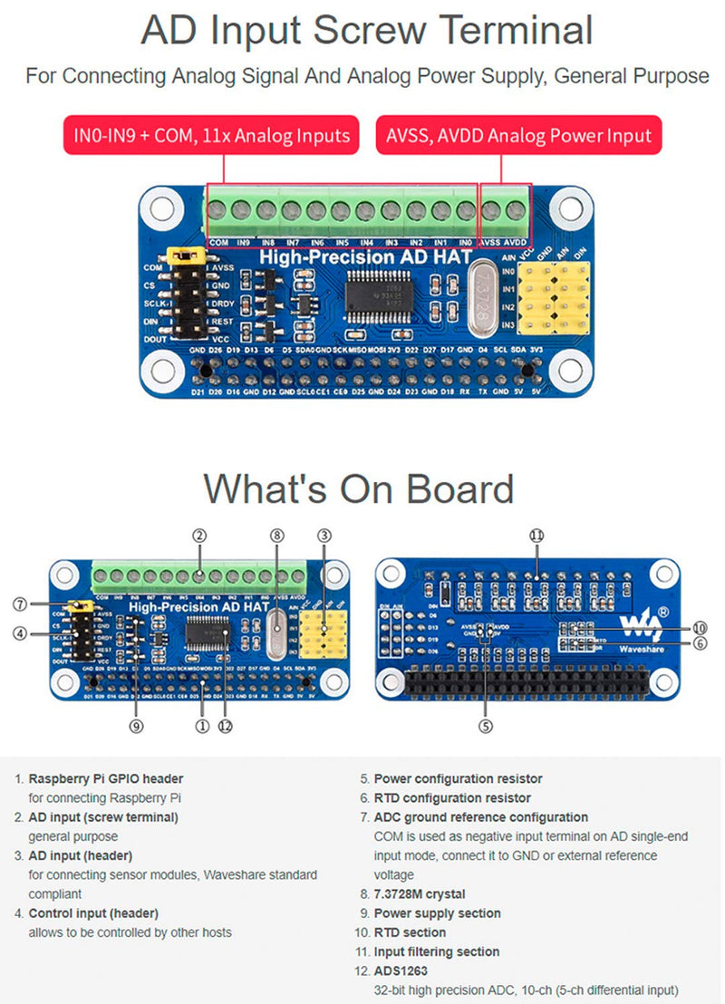 High-Precision AD HAT ADS1263 10-Channel 32-Bit ADC SPI Bus Low Noise Low Temperature Drift,for Raspberry Pi 4B/3B+/3B/2B/Zero/Zero W/Zero WH/2W and Jetson Nano AD HAT for Pi
