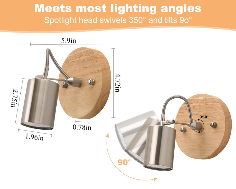 2 Pack Ceiling Spotlights Indoor with Rotatable Adjustable Light Head, Brushed Nicke Spot Light Wooden Base for Bedroom, Kitchen, Living Room, GU10 Bulb not Included Nickel-2pack