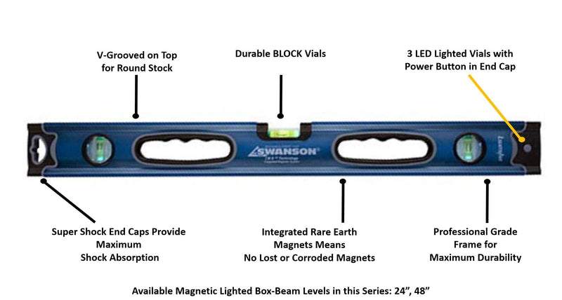 Swanson, BLL24M, 24 Inch Lighted LED Magnetic Box Beam Level with 3 Bubble Vials for 0°/90°/45° Measurements - Pro Series Industrial, Durable, Functional, Versatile 24 inches Magnetic