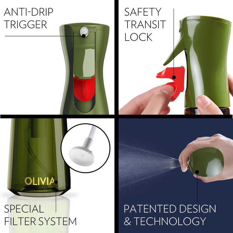 FLAIROSOL OLIVIA Oil Sprayer for Cooking, 200ml Glass Olive Oil Sprayer, Continuous Cooking Spray with Portion Control, Oil Dispenser for Kitchen, Air Fryer, Salad, BBQ (Green Bottle, Gold Print) 1 Pack Green