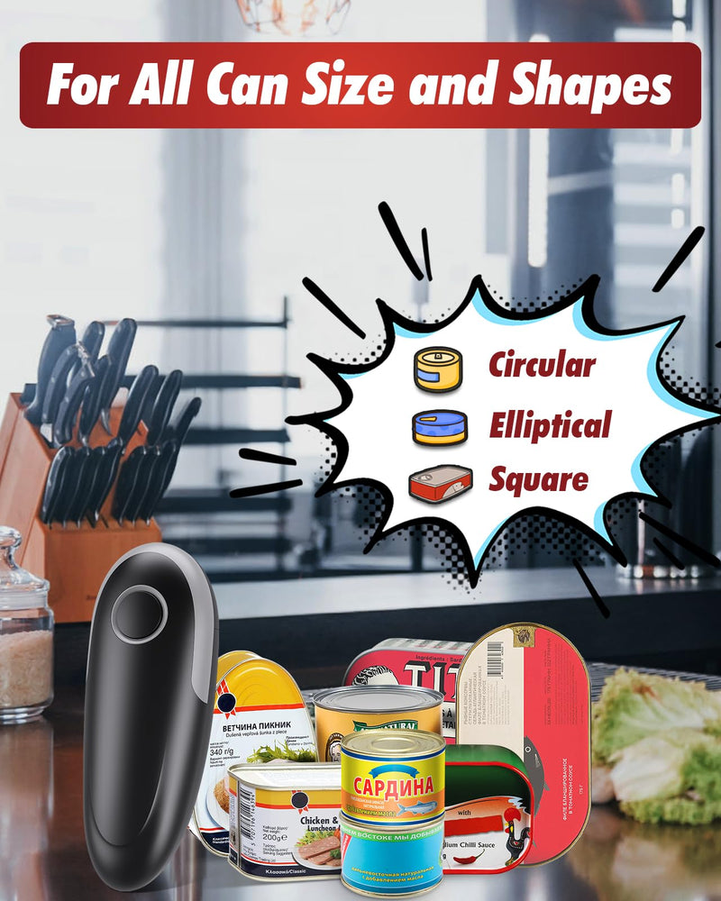 One Touch Electric Can Opener Fits All Can Sizes, Electric Can Openers for Kitchen Food Safe with Smooth Edge, Kitchen Gadgets Automatic Can Opener for Seniors, Arthritis and Chef（Black) Black