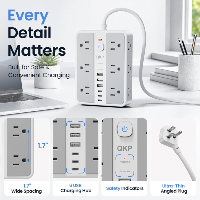 6 FT/ 2400J Surge Protector Power Strip, 12 Outlets, 6 USB (3 USB C) | 3 USB-A & 3 USB-C Ports, 1.7" Wide-Spaced Outlets，2400J Surge Protection, 1875W/15A Flat Plug Extension Cord for Home, Office White / Gray 6 FT