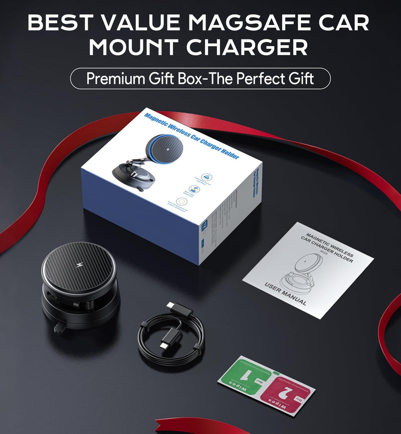 Upgraded 15W Magnetic Car Charger, Dashboard Phone Holders for iPhone 12-17 | 3200gf Magnetic Wireless Charger Faster Charging, 82LBS Suction Cup Dashboard Phone Holder, 360° Rotatable Magnetic Stand Blacka1