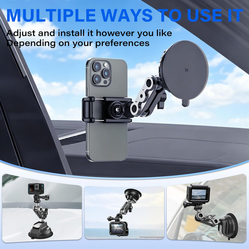 Suction Cup Mount for GoPro Hero 11/10 / 9,for DJI Osmo Action/Procket,for Insta360 X3,Compatible with for iPhone and Android Additions,Mount on Car Windshield Window Dashboard Boats Vehicle