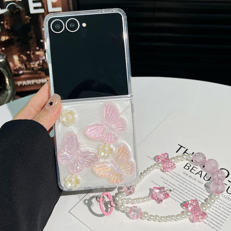 AuroiCYY for Samsung Galaxy Z Flip 8 Case with Chain, Cute 3D Pearl Bling Crystal Clear Sparkle Butterfly Floral Case for Women Girls Shockproof Soft Phone Cover with Wrist Strap for Z Flip8 5G, Pink