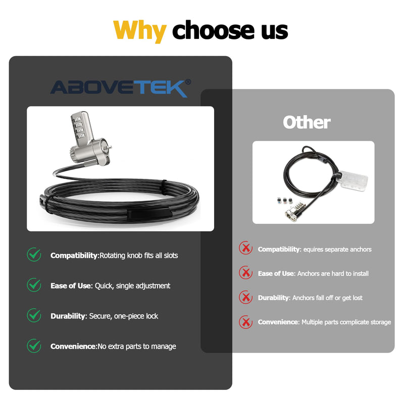 AboveTEK 3-in-1 Universal Laptop Cable Lock - Professional Laptop Security Combination Lock Compatible with K-Slot, Nano & Wedge Slot - Resettable 4-Digit Steel Locking Cable with 360° Rotating Head