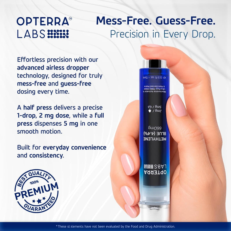 Methylene Blue Drops Pharmaceutical Grade - 4.4% USP Blue Methylene Pharmaceutical Grade | Alcohol & Formaldehyde-Free Cellular Support Formula | Made Vegan & Keto-Friendly | 15ml | OPTERRA LABS