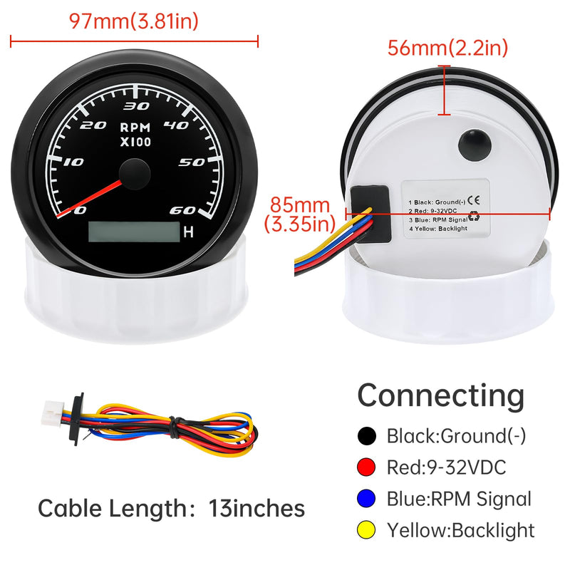 Tachometer Gauge 7 Color 0-6000 RPM Tacho Meter 85mm 3 3/8" for Auto Boat Marine Vehicle for 1-10 Cylinder Diesel and Gasoline Engine（Black） Black 6000RPM