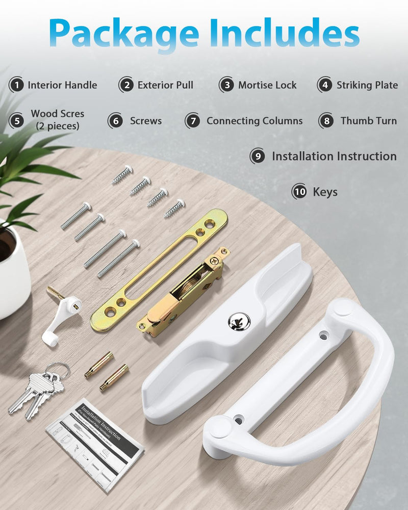 Probrico Patio Sliding Door Lock Set with Key and Mortise Lock, Sliding Glass Door Handles 45° Keyway, Reversible White Sliding Door Lock Set Fits 3-15/16" Hole Spacing, 1" to 2" Thick Doors Handles(Keyed) + Mortise Lock