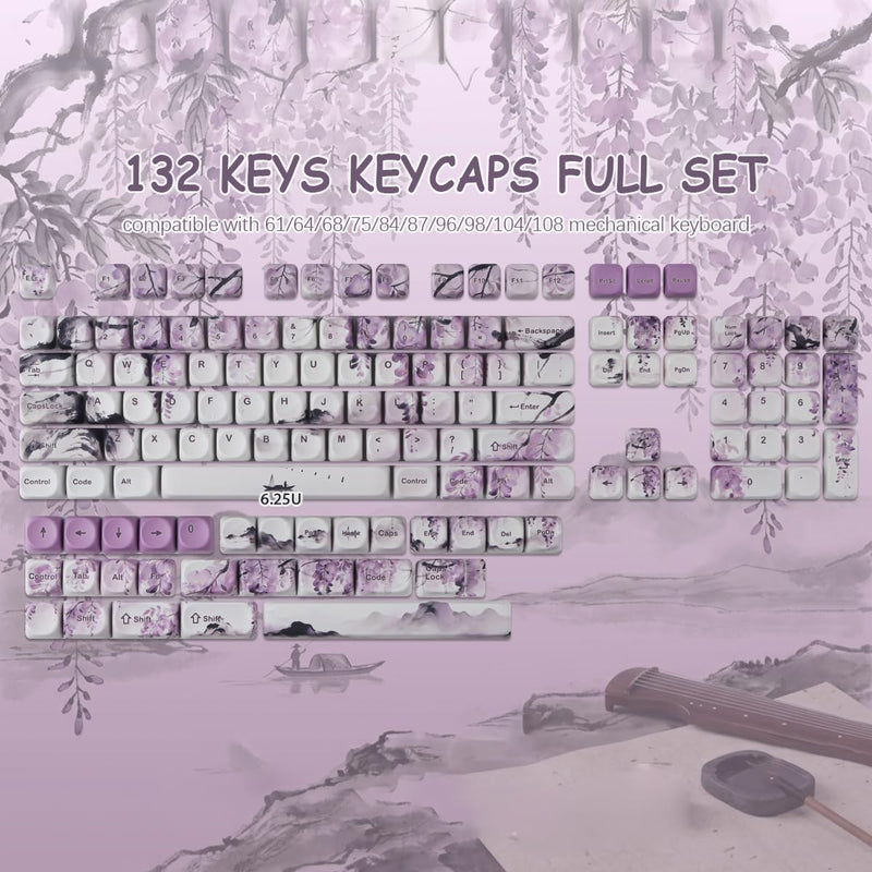 Tsungup MOA PBT Keycaps - Custom Japanese Purple Wisteria Key caps Keyboard | Tsungup 132 Keys Cute Custom Dye Sub Key Caps Keyboard Keycap Set for MX Switches Mechanical