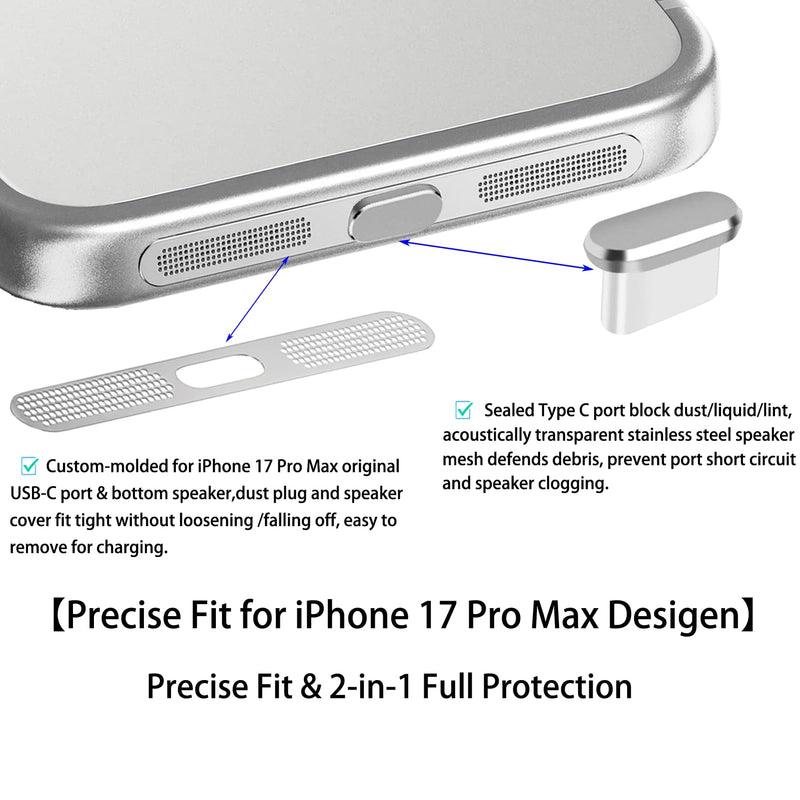 iPhone 17 Pro Max Speaker Dust Cover Accessories , Usb C Dust Plug, Sliver | Speaker Protector Mesh Covers,Charger Cover, Metal Attracting Ring for Phone Case,Zero Sound Loss,Invisible Fit,Residue-Free iphone 17 Pro Max USB Slivery