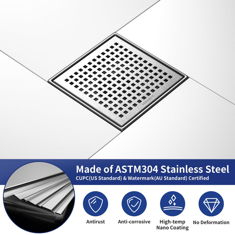 Square Shower Drain 6", 304 Stainless Steel Floor Drain w/Hair Strainer, Grid Shower Drain w/CUPC Certified, Brushed 6 Inch