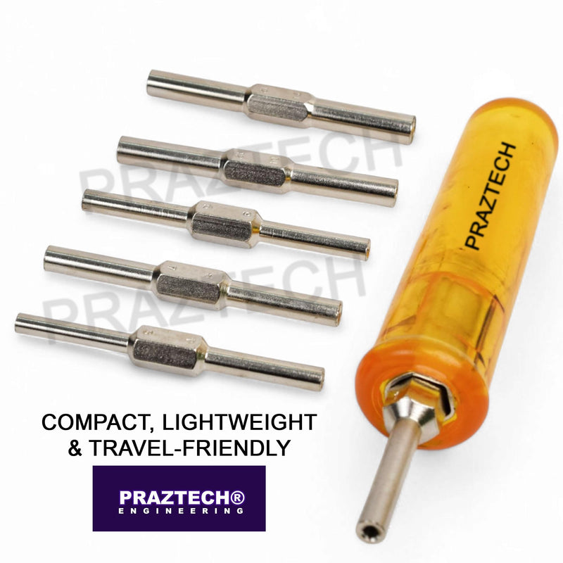 PRAZTECH® Clock Mainspring Let-Down Key Tool Kit | Includes 6 Double-Ended Chuck Rods (12 Arbor Sizes) + Ergonomic Handle | Clock Winding Arbor Release Tool for Watchmakers & Repair