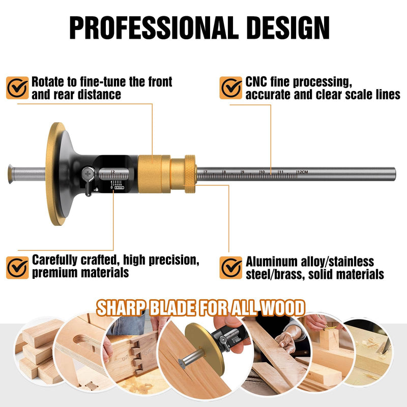 Wheel marking gauge, solid brass marking tool, 0.2mm fine adjustment, draws precise lines, latest roller blade design, an excellent value for everyday carpentry work(Rollable Blade) Rollable Blade marking gauge